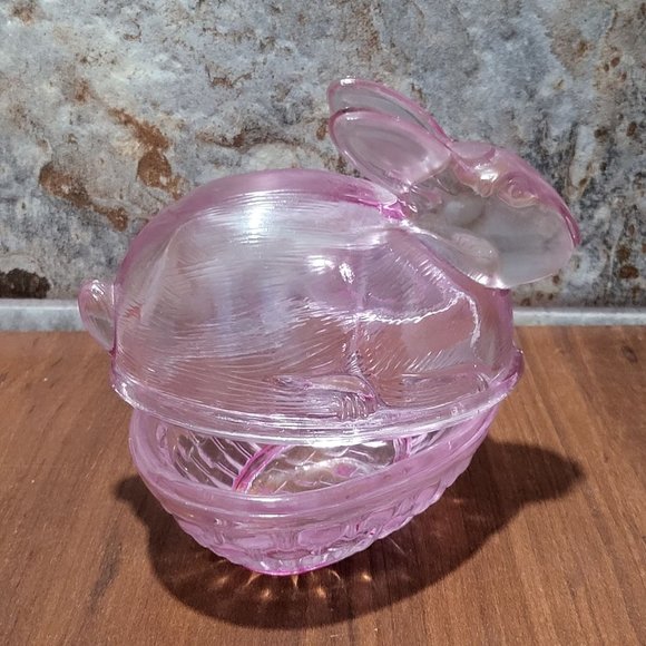 VTG Pink Purple Easter Bunny Rabbit Glass Covered Trinket Oval Candy Dish Transl - Picture 7 of 13
